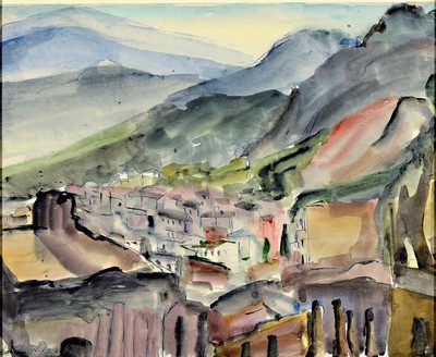 Loulou Albert-Lasard, 1885 Metz - 1969 Paris, Stadtansicht mit Bergen im Hintergrund, Aquarell/Papier, li. u. handsigniert, rückseitig dat. 1936 ...