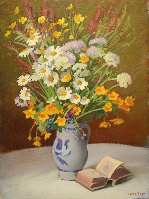 Sepp Linder, 1901-1988, Stillleben mit Blumenstrauß und aufgeschlagenem Buch, Öl/Malkarton, rechts unten signiert, ca. 80x60cm, R. ca. 91x71cm