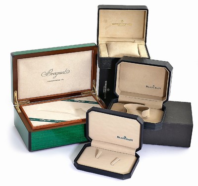 Konvolut: 4 Uhren-Etuis, davon 2 Blancpain, 1 Vacheron Constantin & 1 hochwertige Breguet Holzbox, Schweiz um 1990, alle m. Umkarton, in gutem ...