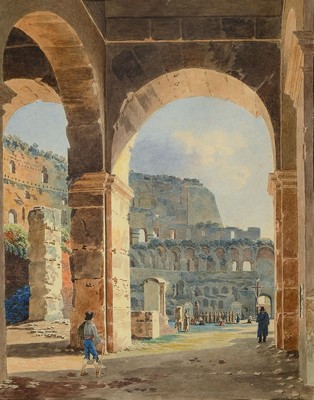 Jean-Lubin Vauzelle, 1776 - 1834, Aquarell, "Rom, Blick auf das Coloseum", re. u. signiert und dat. 1829, 33 x 26 cm, unter Glas, Rahmen 48 ...