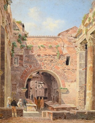 Jean-Lubin Vauzelle, 1776 - 1834, Aquarell, "Rom, Ruinen vom Tor des Octavian", unten links handsigniert und dat. (z.T. durch altes ...
