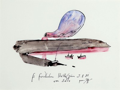 Horst Janssen, 1929 - 1995, Aquarell auf Papier, norwegische Küstenlandschaft mit Booten, handsigniert, dat. 3.8.1981, Passepartout ca. 21 x 28 cm, ...