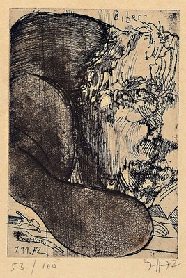 Horst Janssen, 1929 - 1995, Radierung, "Selbstporträt Biber", handsigniert, num. 53/100, dat. 1.11.1972, Blattgr. 30.8 x 23.8 cm, Rahmen ...