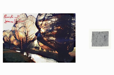 Christo, 1935-2000, Lot aus zwei Teilen: a. Multiple "Wrapped Trees", handsigniert , Rahmen: 26.5 x 32.5 cm, b. original Stoffstück aus ...
