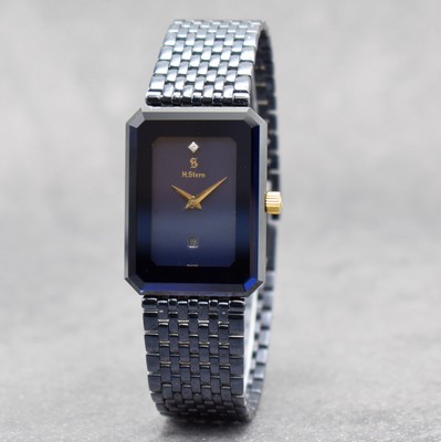 H. STERN rechteckige Damenarmbanduhr, Schweiz um 2000, quarz, dunkelblau beschichtetes Geh. & Band, blaues Zifferbl. m. gold. Zeiger, Datum b. 6, M. ...