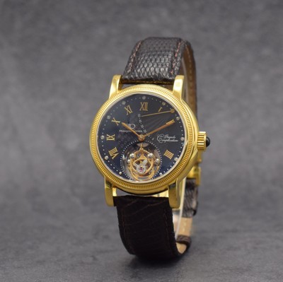 FRANCOIS ROTIER Herrenarmbanduhr mit Tourbillon, um 2010, Handaufzug, verg., beids. vergl. Stahlgeh., Boden 4-fach verschr., schwarzes ...