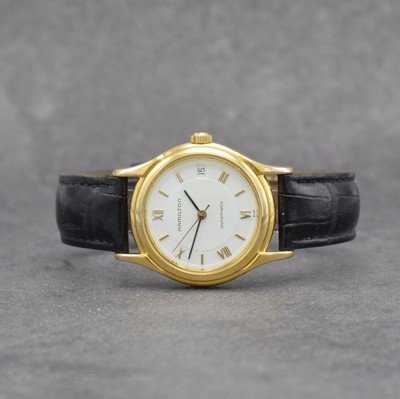 HAMILTON Herrenarmbanduhr, Automatik, Schweiz um 2010, verg. Metallgeh., Edelstahlboden verschr., beids. vergl., emailfarb. Zifferbl. m. aufgel. ...