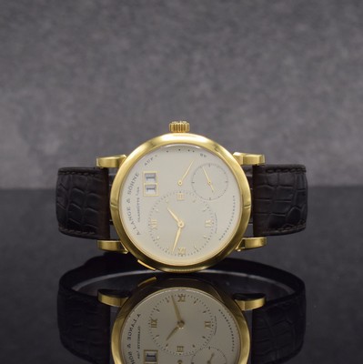 A. LANGE & SÖHNE "Lange 1" Referenz 101.021 feine Herrenarmbanduhr in GG 750/000, Deutschland um 1998, Handaufzug, massives beids. vergl. ...
