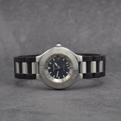 CARTIER 21 Autoscaph Armbanduhr, Schweiz um 2000, Automatik, Edelstahlgeh., Boden 6-fach verschr., Lünette m. röm. Zahlen, Kautschukband rissig/zu ...