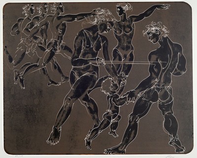Hans Erni , 1909-2015, Gymnasten auf Braunem Grund, Lithografie, sign., num. 84/150, gesamt ca. 60x80 cm