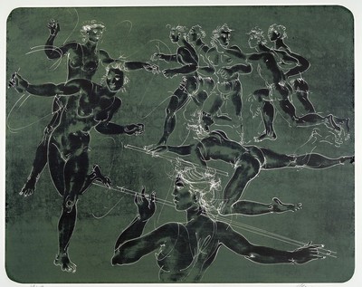 Hans Erni , 1909-2015, Gymnasten auf Grünem Hintergrund, Lithografie, sign., num. 69/150, Bild ca. 60x80 cm, mit Hülle ca. 82x65 cm