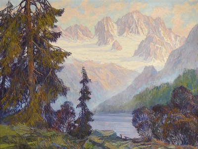 Hans Münnich, 1892-1970 Chemnitz, Blick auf das Dachsteingebirge und den Gosau- See, Öl/Lwd, links unten signiert und bez. Chtz, ca. 75x100cm, R. ...