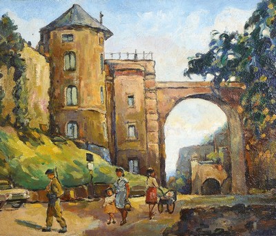Willi Holtmann, 1900 Duisburg - 1984 Wiesbaden, Ansicht von Wiesbaden mit Spaziergängern, Öl/Malkarton, 45 x 55 cm, Alters- und Gebr.spuren, ...