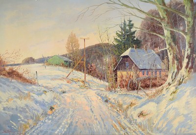 Hilbert Jensen, dänischer Landschaftsmaler, geb. 1911, Winterlandschaft, Öl/Lwd, lebendige Darstellung des Schnees, li. u. signiert und dat. 1969, ...