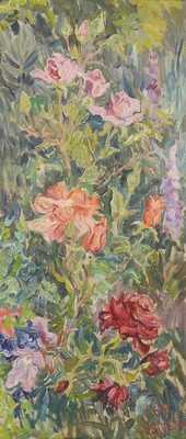 Marie Strieffler, 1917-1987 Landau, Blumenstillleben, Öl/Hartfaser, rechts unten signiert und dat. 64, ca. 74x32cm, R. ca. 80x 38cm
