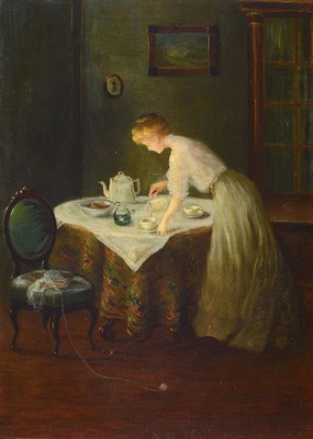Unbekannter Künstler, deutsch, um 1900, Interieur, Junge Frau beim Eingiessen des Kaffees in einem Salon, Öl/Lwd, unsigniert, ca. 54x40cm, R. ca. ...