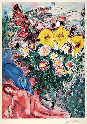 Marc Chagall, 1887-1985, "Les Soucis", Farblithografie, drucksign., num. 210/500, aufwändige Atelierrahmung, l. gebrsp., gesamt ca. 125x98 ...