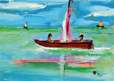 Boris Pavlov, 1928-2005, "Angeln vom Boot am Meergrund an der Cote d Azur vor St. Tropez 1974", Öl/Karton, signiert in kyrillische ...