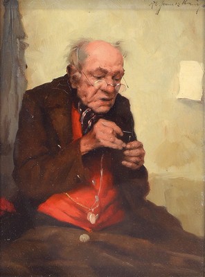 Robert Franz Krauss, 1872-1967 München, Porträt eines Schneiders beim Einfädeln, Öl/Holz, rechts oben signiert, ca. 21x16cm, R. ca. 38x33cm