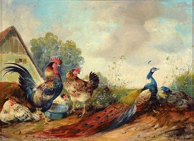 Max Hänger, 1874-1955 München, Federvieh mit Pfau, Öl/Holz, rechts unten signiert, ca. 17.5x24cm, R. ca. 26.5x33cm