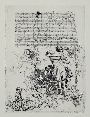 Max Slevogt, 1868-1932, Radierung zu Mozarts Zauberflöte, Mann und Weib, Weib und Mann, handsigniert, ca. 24x18cm, u.Gl., R.ca 41x31cm