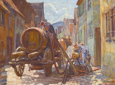 Heinrich Strieffler, 1872 Neustadt-1949 Landau, "Weinfüllen", rückseitig auf altem Etikett so betitelt, drei Männer befüllen ein Fass ...