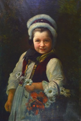 Unbekannter Künstler, deutsch, um 1900, Porträt eines Mädchens mit Pelzmütze und Blumen in der Hand, Öl/Lwd, rest., ca. 90x60 cm, R. ca. 105x76cm