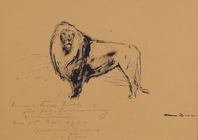 Otto Dill, 1884 Neustadt-1957 Bad Dürkheim, stehender Löwe, Tuschezeichnung auf Papier, gebräunt, rechts unten signiert, mit Bleistift Widmung: ...