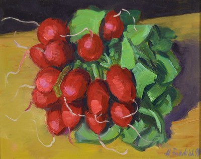 Heinz Friedrich, 1924-2018 Schwetzingen, Stillleben mit Radieschen, Öl/Malkarton, rechts unten signiert und dat. 99, ca. 20x25cm, R. ca. 30x35cm