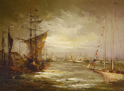 Petrus Antonius Hermanus Brouwer, alias Bevort, geb. 1935 Utrecht, Studium an der Akademie Amsterdam, hier: Hafen mit Segelschiffen, Öl/Lwd, links ...