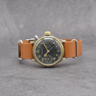 HANHART 1-Drücker Flieger-Chronograph Kaliber 40, Deutschland um 1940, Handaufzug, vern. Messinggeh. stark berieben, Boden verschr., Drehlünette zu ...