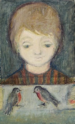 Christel Abresch, 1931 Sulzbach-2011 Neustadt/Weinstr., Kind beobachtet zwei Vögel auf dem Fensterbrett, Öl/Lwd, ohne Keilrahmen, rechts unten ...