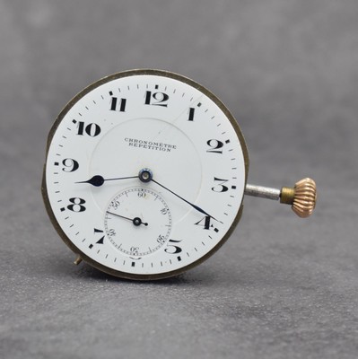 Savonette Taschenuhrwerk mit 1/4 Stunden- Repetition bezeichnet CHRONOMETRE REPETITION, Schweiz um 1900, Emailzifferbl. m. arab. Std. riss., gebl. ...