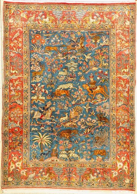 Feiner Ghom Kork, Persien, um1940/50, Korkwolle mit Seide geknüpft auf Baumwolle, ausgefallener Jagdteppich mit seltener Farbgebung, ca.214 x 154 ...
