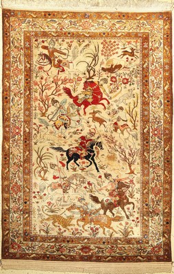 Seltener Seiden Ghom , Persien, um 1940 reine Naturseide, Jagdszene auf hellem Grund aus der Meisterwerkstatt Shakeri, ca. 204 x 142 cm, EHZ:2(guter ...