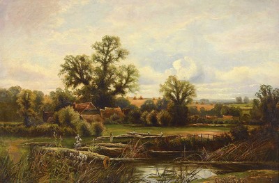 Ernest Walbourne, 1872 Inglaterra - 1927, Mühlenlandschaft mit Landarbeitern, Öl/ Lwd, re. und signiert, ca. 50 x 76 cm, Holzrahmen l. best., ca. ...