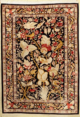 Seltener feiner Seiden Ghom der Meisterwerkstatt Shakeri, Persien, um 1930/40, reine Naturseide, schwarzgrundiger Seiden Ghom mit aufwendigem ...