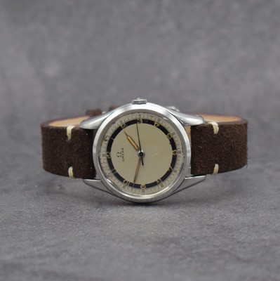 OMEGA Herrenarmbanduhr Kal. 30 T2 SC PC in Stahl, Schweiz um 1950, Handaufzug, Ref. 2504-2, Boden & Glasrand aufgedr., silb. 2- farb. Zifferbl. m. ...