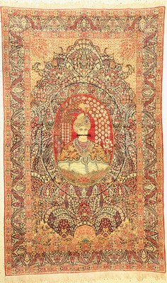 Seltener antiker Kerman, Persien, 19 Jhd. Wolle geknüpft auf Baumwolle, feiner Kerman mit Portrait von SCHAH ABBAS einem der beliebtesten Könige ...