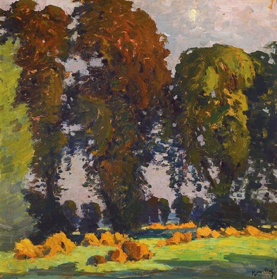 Max Uth, 1863 Berlin-1914 Hermannswerder bei Potsdam, Am Waldrand, Öl/Malkarton, rechts unten signiert, rückseitig Ausstellungsetikett Große ...