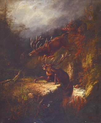Ernst Lotichius, 1787-1876 Wiesbaden, Studium an der Akademie Düsseldorf, hier: Dramatische Szene in der Dämmerung, zwei Hirsche auf der Flucht, ...