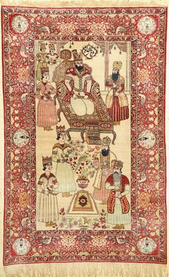 Kerman antik Bildteppich, Persien, um 1900, Wolle geknüpft auf Baumwolle, Feiner Bildteppich mit Datstellung des persischen Königs NADER ...