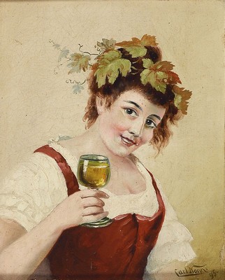 Carl Nonn, 1876 Bonn-1949, Porträt einer Bacchantin mit Weinglas, Öl/Malkarton, rechts unten signiert, ca. 16x14cm, R. ca. 35x31cm