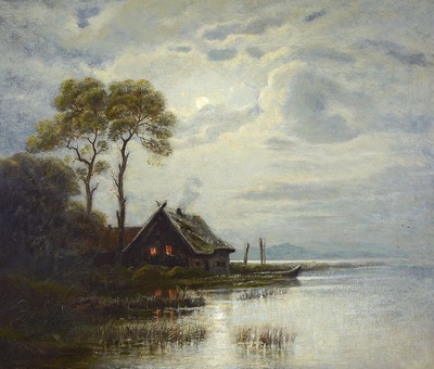 Forest, datiert (18)93, Vollmond über einem Bauernhaus an der Küste, qualitätvolle Malerei, Öl/Lwd, doubliert, links unten signiert und dat., ca. ...