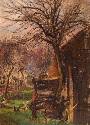 Carl Wahler, 1863 Esslingen-1931 Stuttgart, Karren vor dem Schuppen, Öl/Malkarton, seitlich rechts signiert, ca. 62x45cm, R. ca. 72x54cm