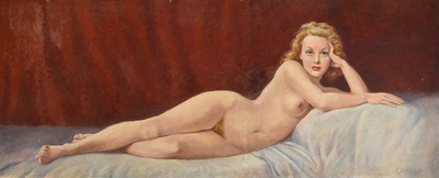 Linzer, Maler der Mitte des 20. Jh., liegender weiblicher Akt, Öl/Hartfaser, rechts unten signiert, ca. 48x118cm, R.ca. 60x126cm