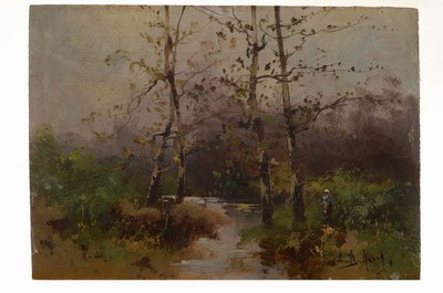 Emile Durieux, Maler der 2. Hälfte des 19. Jh., Herbstliche Landschaft mit Bachlauf, Bäumen und Frau, Öl/Holz, rechts unten signiert, ca. 15.5x22cm