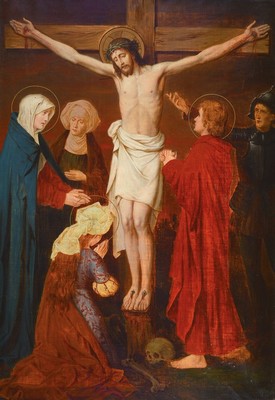 Nazarener, süddeutsch, um 1870/80, Kreuzigungsszene, Öl/Lwd, ca. 80 x 60 cm, dunkler Holzrahmen, ca. 98 x 71 cm