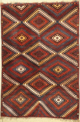 Seltener Antiker Karakalpak, Zentralasien, 19 Jhd., Wolle geknüpft auf Wolle, ca, 225 x 156 cm, EHZ: 3(Altersbedingt guter Zustand).
