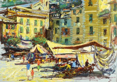 Gueri da Santomio, 1915-1991, Giorno di mercato, Markttag, rückseitig so betitelt, Öl/Hartfaser, rechts unten signiert, ca. 50x70cm, u.Gl., R. ca. ...